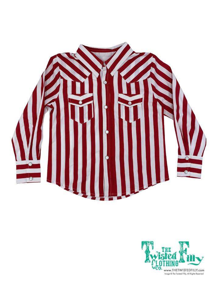 Long sleeve red and white striped pearl snap top