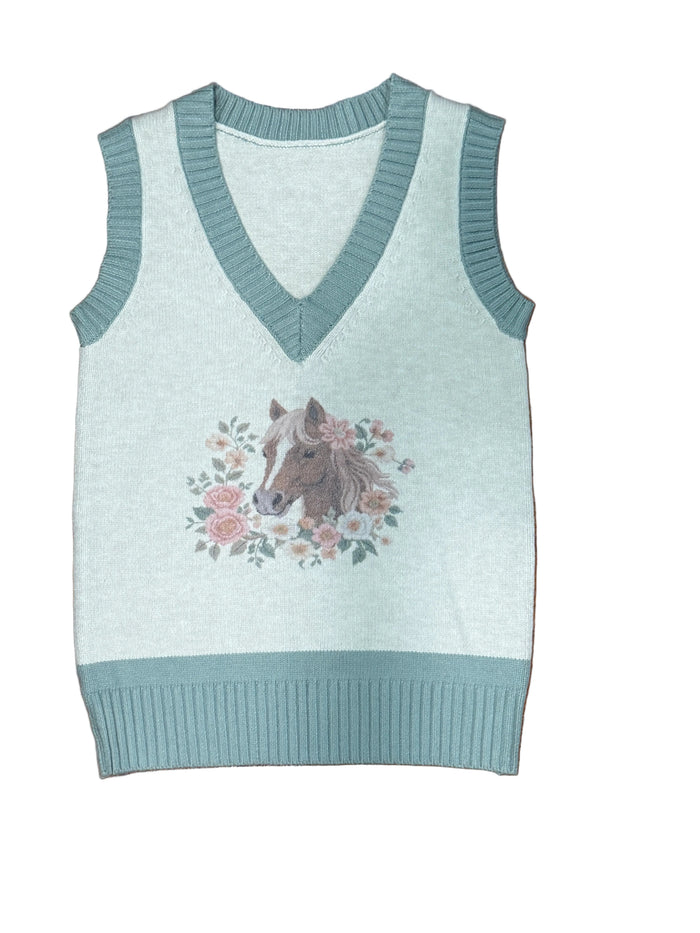 Sage & Cream Floral Horse - Youth Sweater Vest - The Twisted Filly