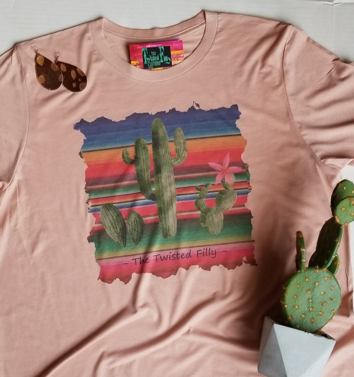 Serape Cactus W/ Flower - S/S Womens Adult Tee - Dusty Rose