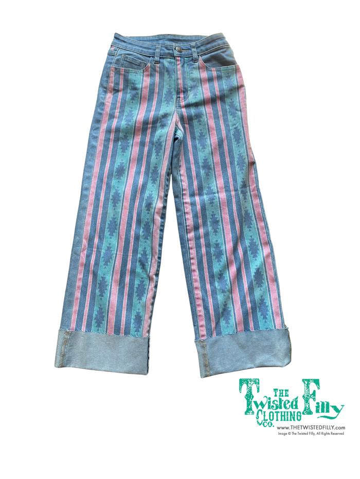 Denim pants with striped aztec pattern on front
