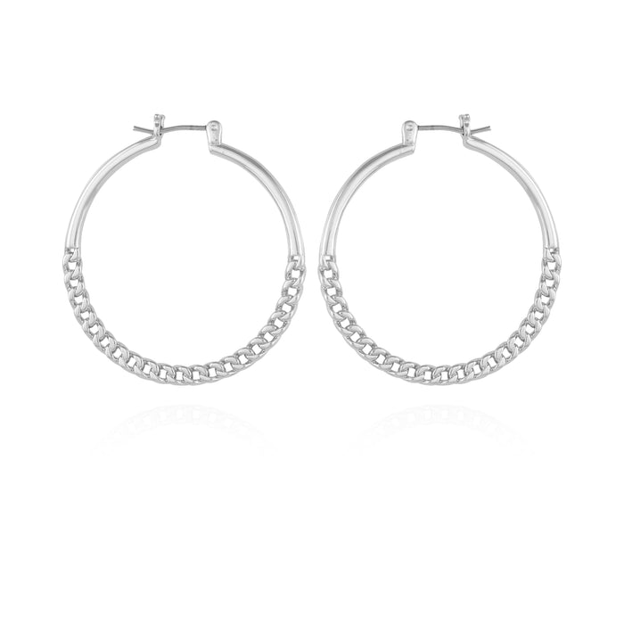 Silvertone Chain Link Hoop Earrings by Vince Camuto, featuring a unique chain link detail along the lower half, are showcased on a white background with a subtle reflection beneath them.