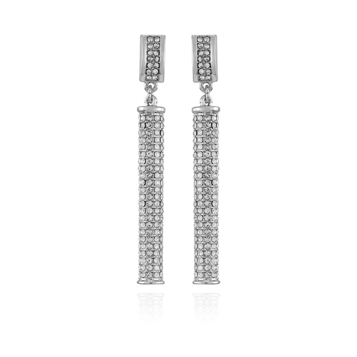 Elevate any outfit with the Vince Camuto Silvertone Crystal Stone Drop Earrings—these long, rectangular earrings dazzle with shimmering crystal accents and a sleek vertical bar design suspended from matching stud tops, bringing a touch of sophisticated sparkle to your look.