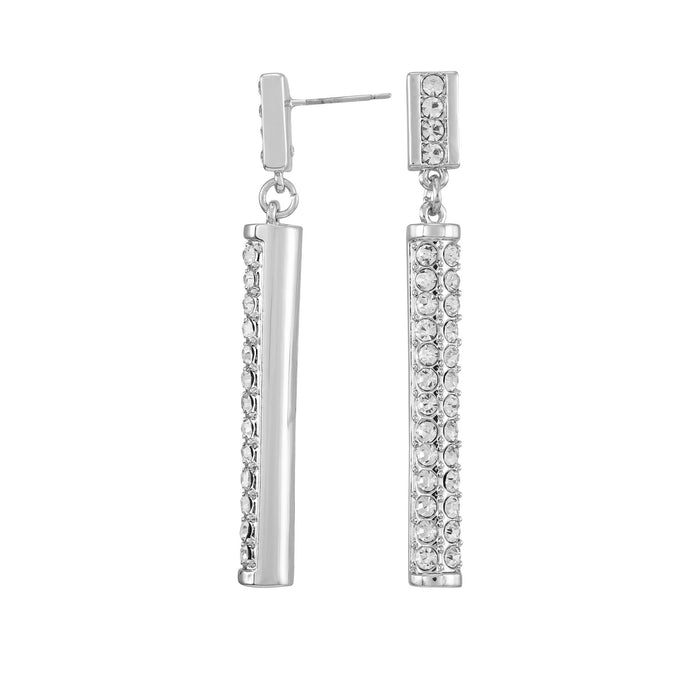 Introducing the Vince Camuto Silvertone Crystal Stone Drop Earrings—a glamorous pair featuring rectangular bars adorned with clear round crystals, elegantly suspended from matching gem-studded posts.
