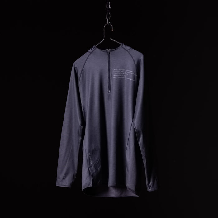 SM'18 Quarter Zip Hoodie in grey on hanger, front view