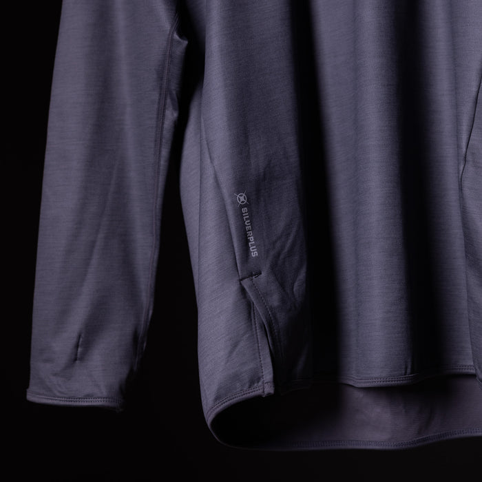 SM'18 Quarter Zip Hoodie in dark blue, detail shot of side seam and fabric texture