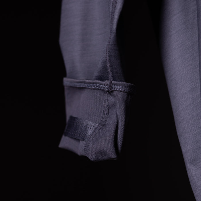 SM'18 Quarter Zip Hoodie in charcoal gray, sleeve detail closeup showing zipper and cuff