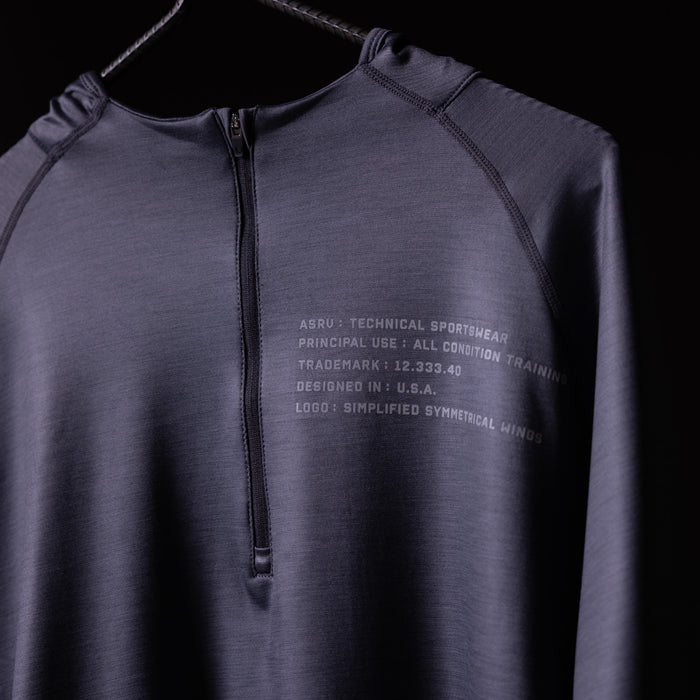 SM'18 Quarter Zip Hoodie in purple, displayed on hanger showing front with text details