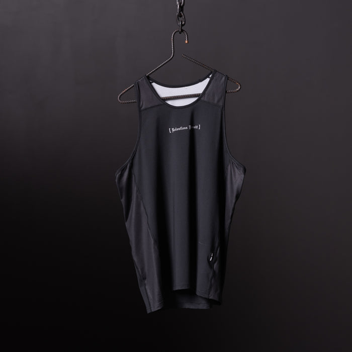 Black singlet tank on hanger against dark background, front view
