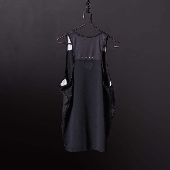 SM'19 Singlet Tank in black displayed on hanger against dark background
