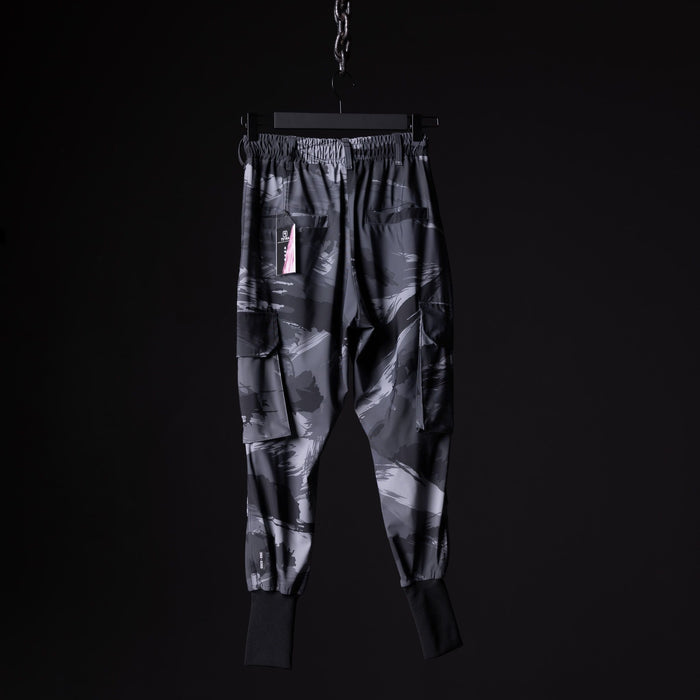 flatlay SM'20 Cargo High Rib joggers in grey camo print, front view