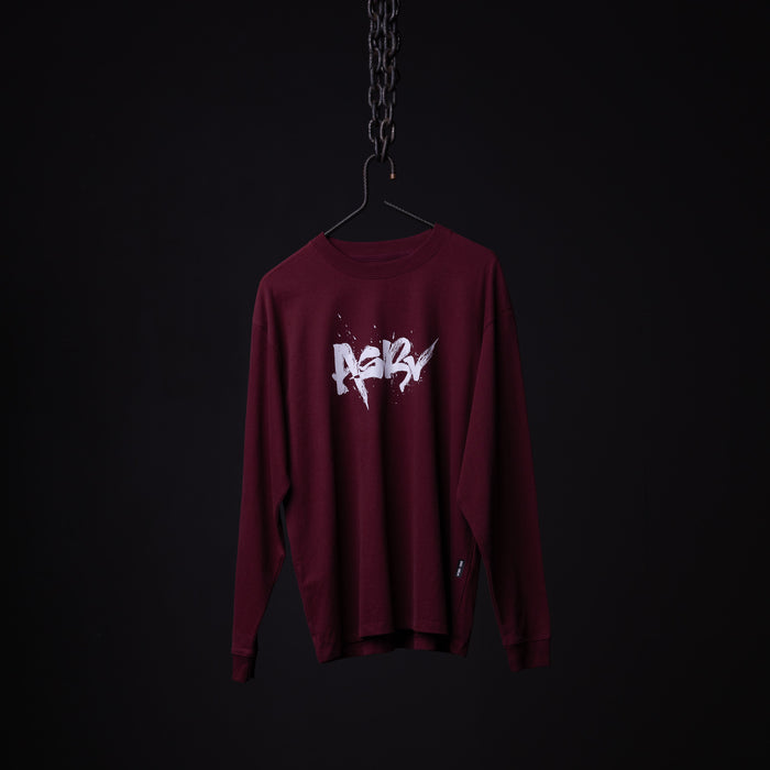 SM'22 Graphic Long Sleeve in maroon with white graphic print, displayed on hanger against dark background