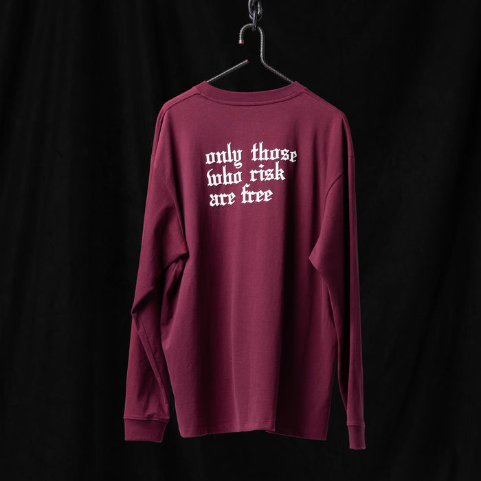 SM'22 Graphic Long Sleeve in burgundy displayed on hanger, back view showing white text