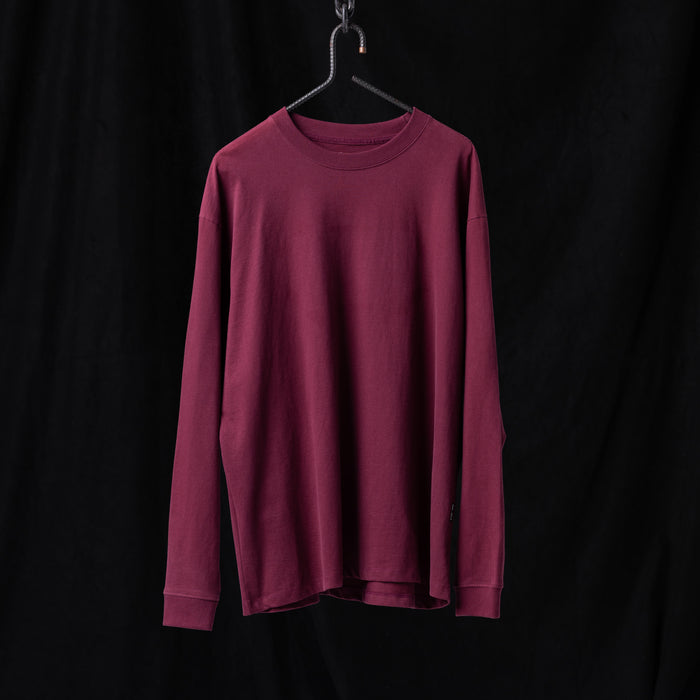 SM'22 Graphic Long Sleeve in burgundy on hanger against black background