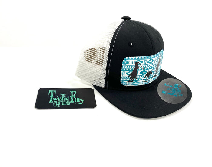 Southwest Team Roper - Youth/Adult Trucker Hat - Black/White