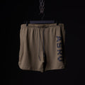 flatlay SP'19 7" Linerless Short in khaki tan, front view hanging on hanger