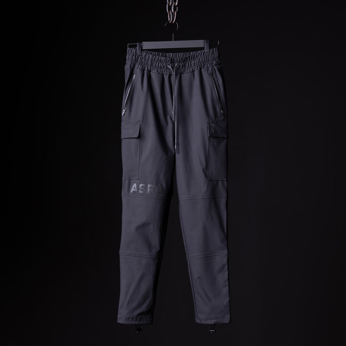 flatlay SP'20 Cargo Track Pant in charcoal grey with cargo pockets, front view