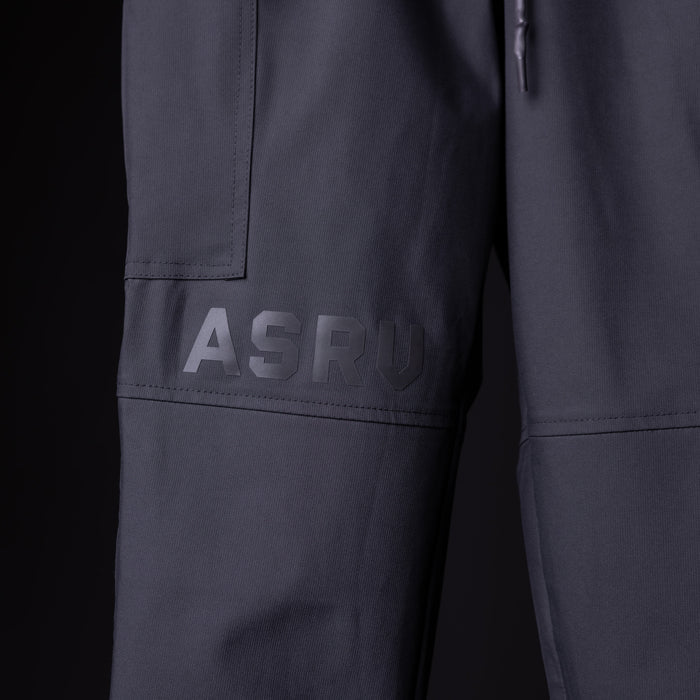 SP'20 Cargo Track Pant in charcoal gray, detail shot of leg pocket and ASRV branding