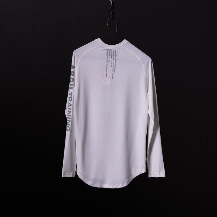 SP'20 long sleeve shirt in white, displayed on hanger against black background