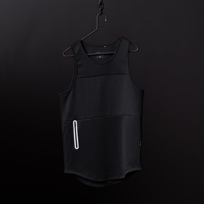 Black mesh utility tank on hanger against dark background, front view