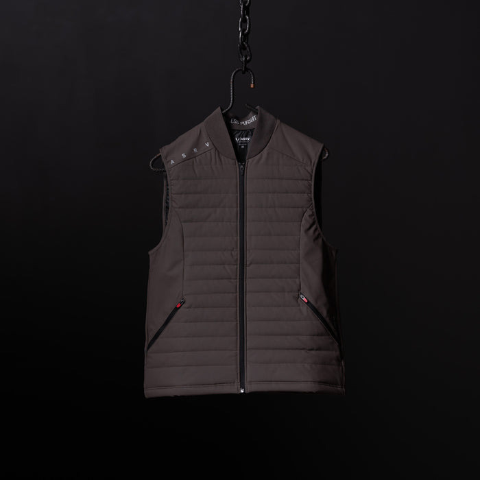 SP'23 Waterproof Run Vest in charcoal gray, displayed on hanger against dark background