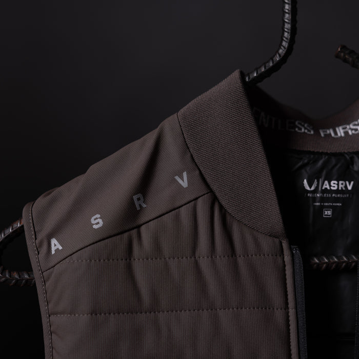 SP'23 Waterproof Run Vest in charcoal gray, displayed on hanger showing front detail