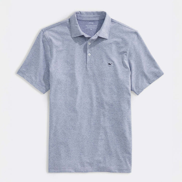 Vineyard Vines Men's Short Sleeve Polo in Hammerhead, sizes S-XXL. Flat lay of the polo showing full front view, short sleeves, and subtle micro-stripe pattern. Color is a muted blue.