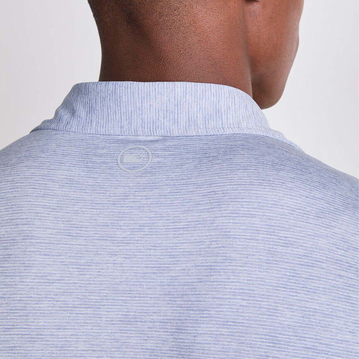 Vineyard Vines Men's Short Sleeve Polo in Hammerhead, sizes S-XXL. Close-up of the back collar with tonal Vineyard Vines whale logo printed at neck. Color is a muted blue.