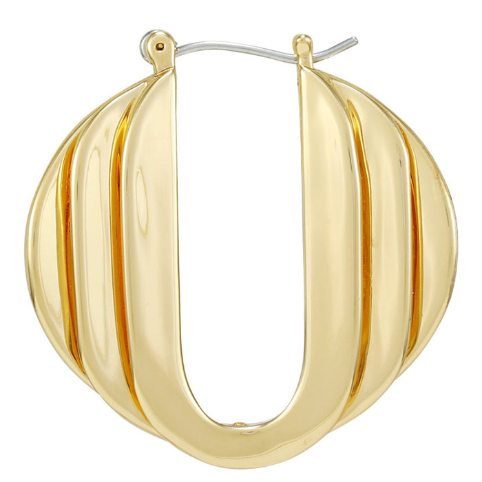 The Vince Camuto Stacked Link Hoop Earrings feature a modern, gold-toned design with a flat, wide U-shaped silhouette and three raised vertical ridges, creating a textured, dimensional look—an effortlessly stylish addition to any jewelry collection.