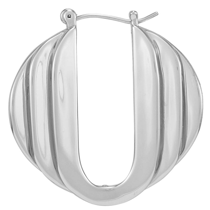 Introducing the Stacked Link Hoop Earrings by Vince Camuto—featuring a sleek silvertone finish, these U-shaped hoops showcase a distinctive ridged and grooved design with a top clasp, blending modern sophistication with luxurious style.