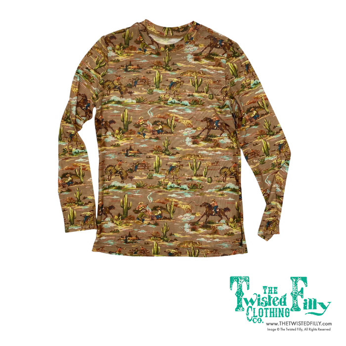 Long sleeve mesh top with cowboy desert pattern