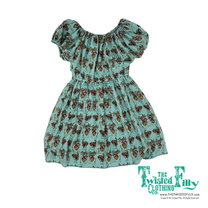 Teal short sleeve dress with howdy cowboy pattern