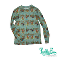 Long sleeve teal mesh top with howdy cowboy pattern