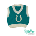 Teal knitted vest with a horse shoe design on a white background, branded 'The Twisted Filly'.