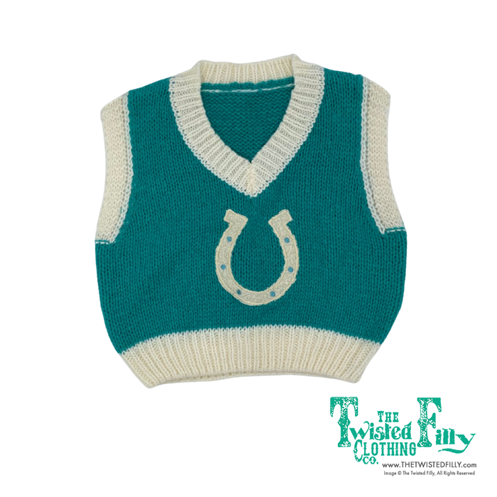 Teal knitted vest with a horse shoe design on a white background, branded 'The Twisted Filly'.