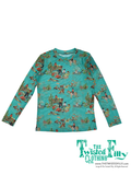 Long sleeve mesh top with cowboy wagon pattern on turquoise background