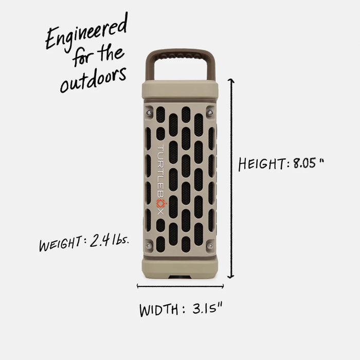 Tan Turtlebox Ranger speaker shown upright with size specs: height 8.05", width 3.15", weight 2.4 lbs. Text reads “Engineered for the outdoors.”