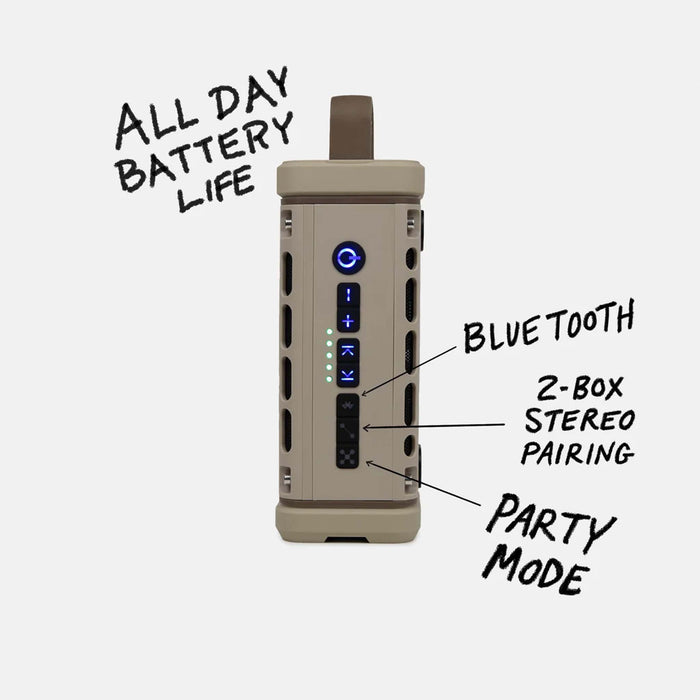 Close-up of the control panel on the tan Turtlebox Ranger speaker, with labeled features including Bluetooth, 2-box stereo pairing, and party mode.