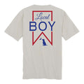 Grey short sleeve t-shirt with a red and blue Local Boy beer inspired logo graphic on the back.