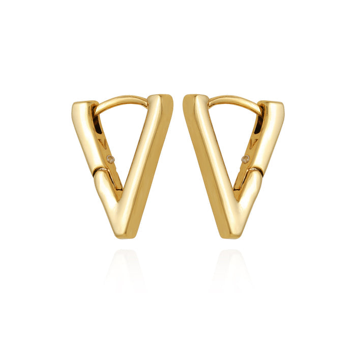 Discover the Vince Camuto V-Hinge Huggie Earrings, featuring a modern, geometric design in gold and showcased on a white background—ideal for those who love elegant, minimalistic earrings.