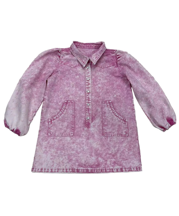 Long sleeve vintage pink denim pearl snap dress