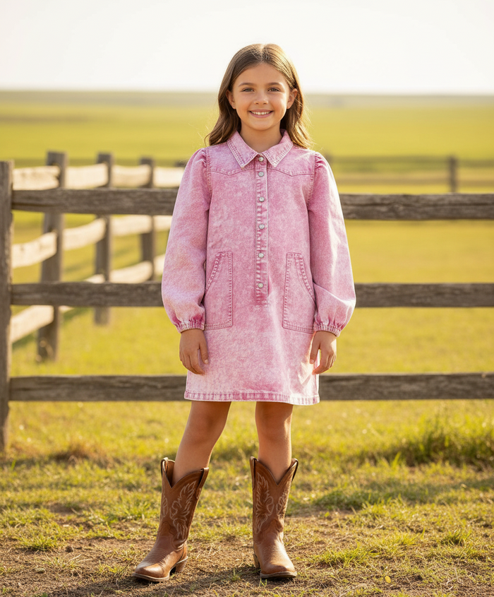Vintage Pink - Youth LS Pearl Snap Dress