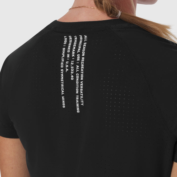 Black Laser-Vent Established Tee worn by model, back view showing white text graphic