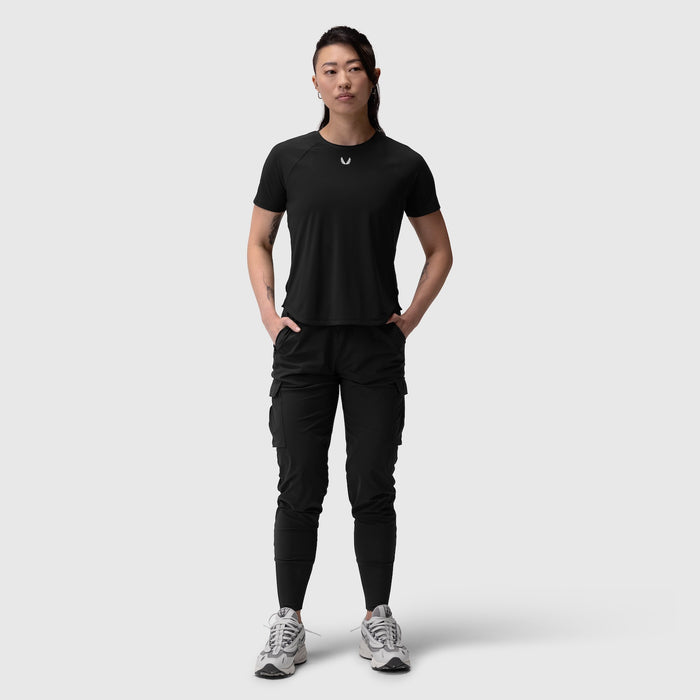 Black Laser-Vent Established Tee worn with black cargo pants and white sneakers, front view