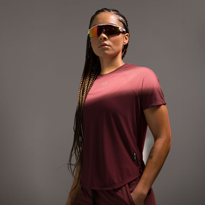 Laser-Vent™ Established Tee in crimson, worn by model facing camera