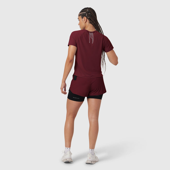 Laser-Vent Established Tee in crimson with matching shorts, back view on model