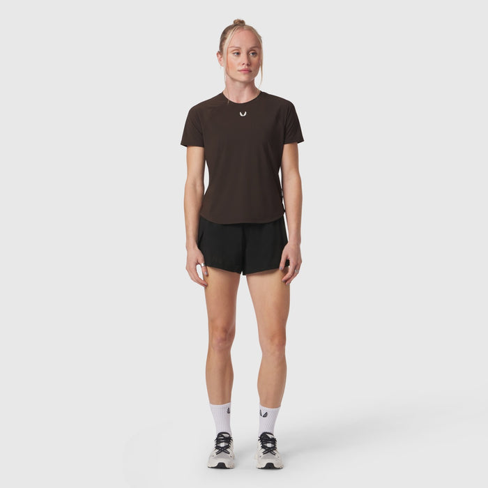 W017 Laser-Vent Established Tee in dark earth, worn with black shorts, front view on model
