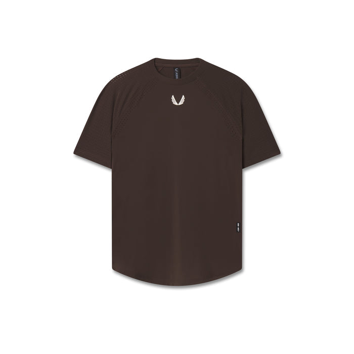 Flatlay of W017 Laser-Vent Established Tee in dark earth brown, front view