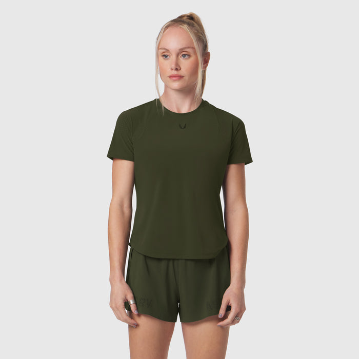 Laser-Vent Established Tee in olive paired with matching shorts, worn by model facing camera