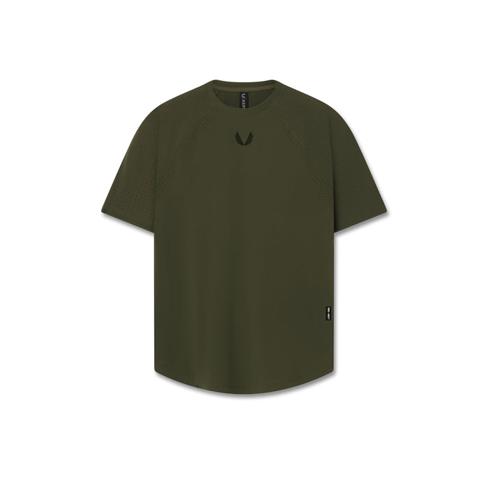 flatlay Olive green Laser-Vent Established Tee displayed on a dress form, front view