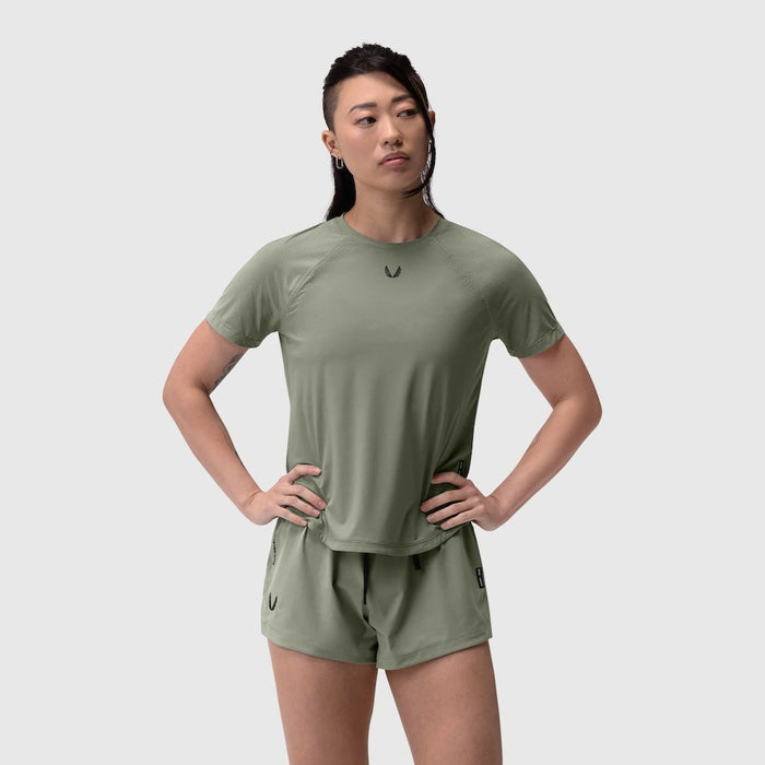 Laser-Vent Established Tee in sage green worn with matching shorts, front view